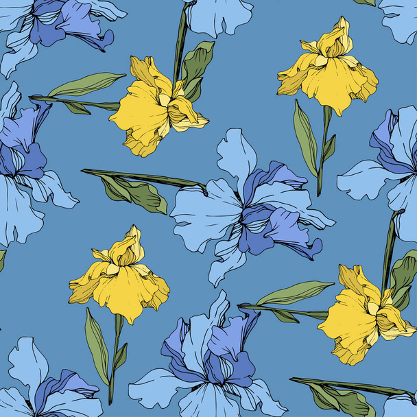 Vector blue and yellow irises. Wildflowers isolated on blue. Engraved ink art. Seamless background pattern. Wallpaper print texture. - Vector, Image