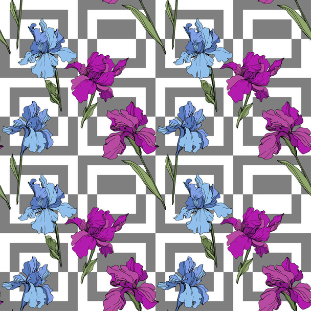 Vector purple and blue irises. Wildflowers on ornamental background. Engraved ink art. Seamless background pattern. Wallpaper print texture. - Vetor, Imagem