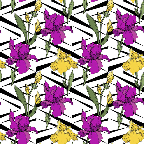 Vector purple and yellow irises. Wildflowers on ornamental background. Engraved ink art. Seamless background pattern. Wallpaper print texture. - Vector, Image