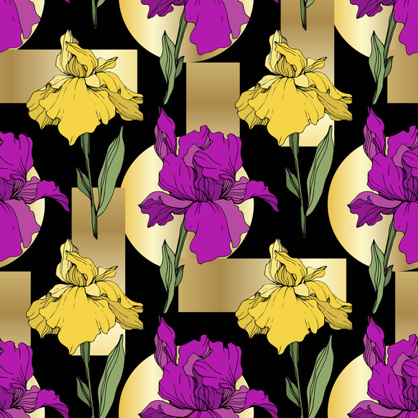 Vector purple and yellow irises. Wildflowers on ornamental background. Engraved ink art. Seamless background pattern. Wallpaper print texture. - Vector, imagen