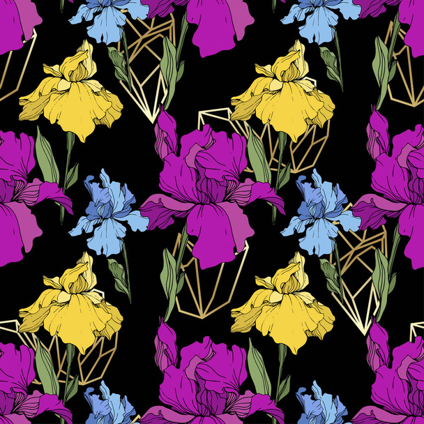 Vector purple, yellow and blue irises. Wildflowers isolated on black. Engraved ink art. Seamless background pattern. Wallpaper print texture. - Vector, Image