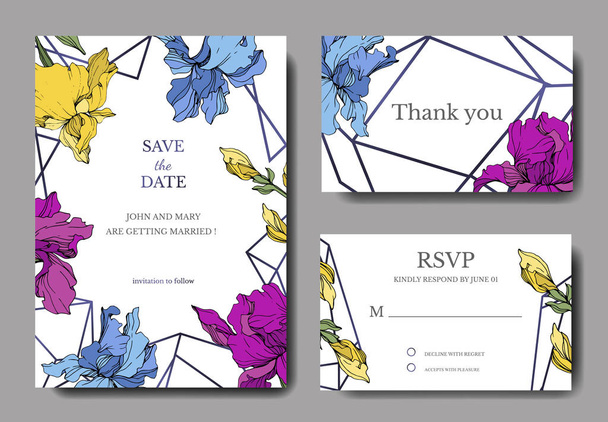 Vector irises. Engraved ink art. Wedding background cards with decorative flowers. Thank you, rsvp, invitation cards graphic set banner. - Vektör, Görsel