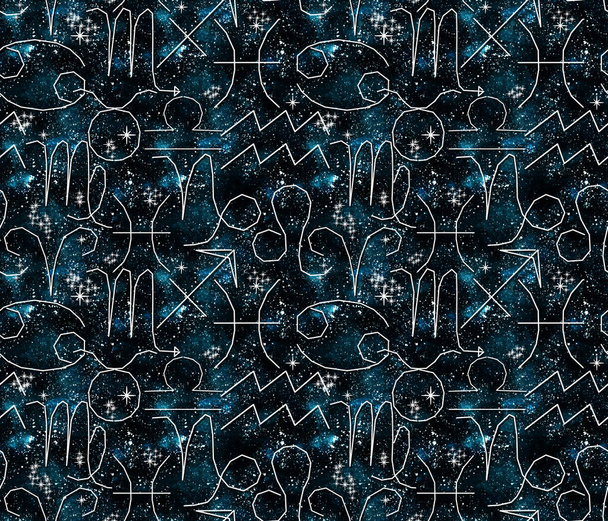 Seamless pattern with zodiac signs on the background of the Galaxy. - Photo, Image