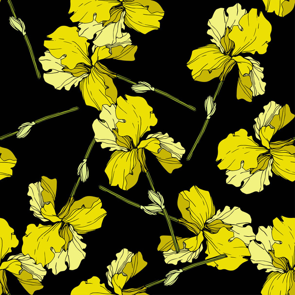 Vector yellow Irises isolated on black. Colorful wildflowers. Engraved ink art. Seamless background pattern. Wallpaper print texture - Vetor, Imagem