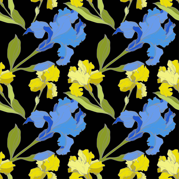Vector blue and yellow Irises isolated on black. Colorful wildflowers. Engraved ink art. Seamless background pattern. Wallpaper print texture - Vector, Image