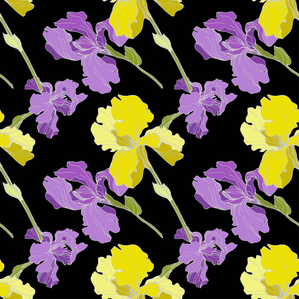 Vector purple and yellow Irises isolated on black. Colorful wildflowers. Engraved ink art. Seamless background pattern. Wallpaper print texture - Wektor, obraz