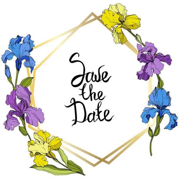 Vector Purple, yellow and blue irises. Colorful wildflowers isolated on white. Engraved ink art. Frame border with 'save the date' lettering - Διάνυσμα, εικόνα