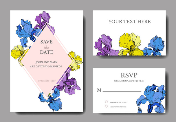 Vector irises. Engraved ink art. Wedding cards with decorative flowers on background. 'save the date', 'rsvp', invitation cards graphic set banner. - Vector, Image
