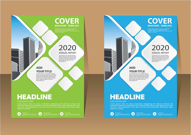 Розкладка шаблону брошури, дизайн обкладинки щорічного звіту, журналу, флаєра або буклету в A4 з синіми геометричними фігурами на полігональному фоні
 - Вектор, зображення