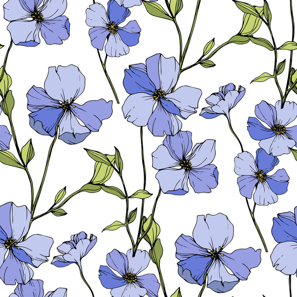 Vector Blue flax. Wildflowers isolated on white. Engraved ink art. Seamless background pattern. Wallpaper print texture. - Vetor, Imagem