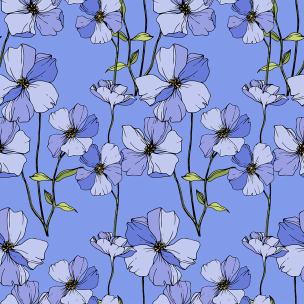 Vector Blue flax. Wildflowers isolated on blue. Engraved ink art. Seamless background pattern. Wallpaper print texture. - Vektor, Bild