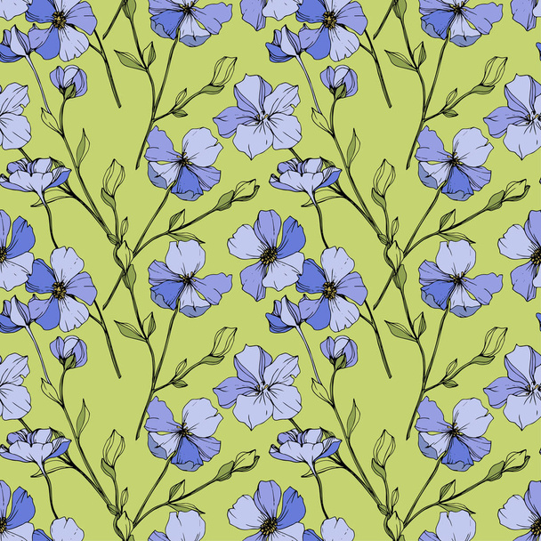 Vector Blue flax. Wildflower isolated on green. Engraved ink art. Seamless background pattern. Wallpaper print texture. - Vektori, kuva