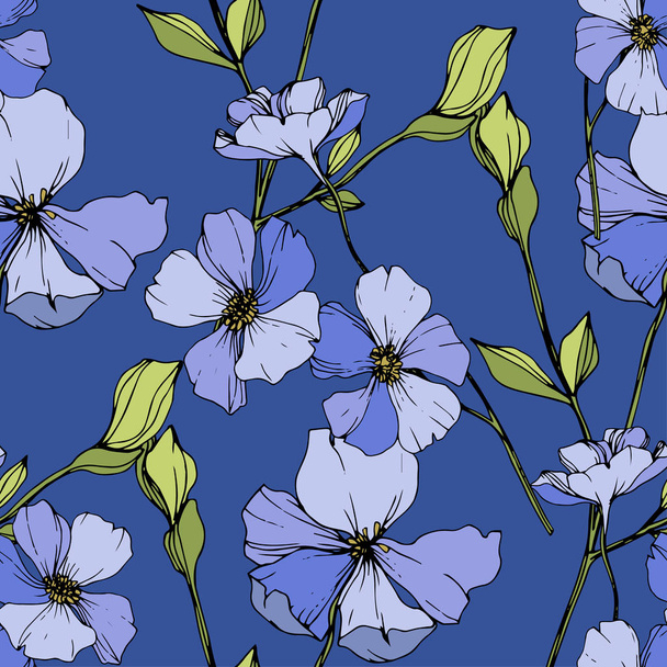 Vector blauwe vlas. Wilde bloemen geïsoleerd op blauw. Gegraveerde inkt art. Naadloze achtergrondpatroon. Behang print textuur. - Vector, afbeelding