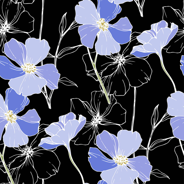 Vector Blue flax. Wildflowers isolated on black. Engraved ink art. Seamless background pattern. Wallpaper print texture. - Вектор,изображение