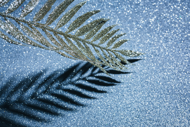 branche ornée de paillettes dorées et ombre sur une surface scintillante, concept de fond de Noël
 - Photo, image