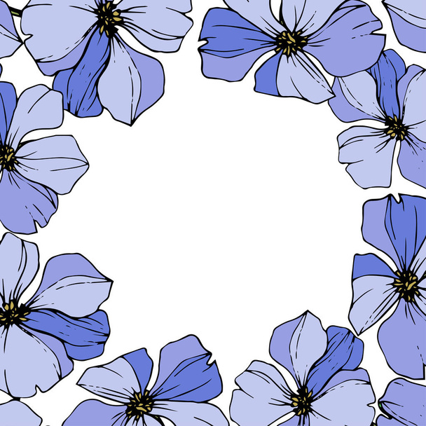 Vector Blue flax. Wildflowers isolated on white. Engraved ink art. Floral frame border. - Vetor, Imagem