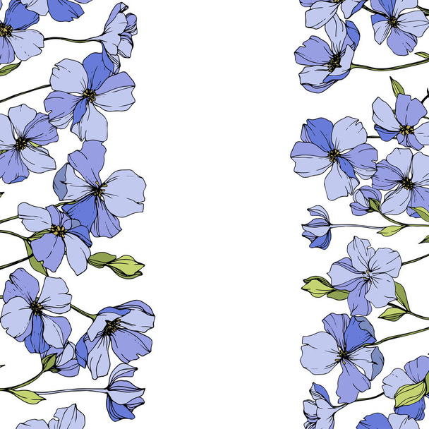 Vector de lino azul. Flores silvestres aisladas en blanco. Arte de tinta grabada. Frontera marco floral
. - Vector, Imagen