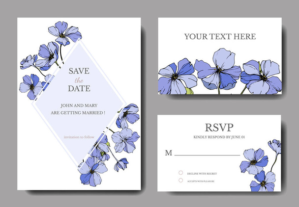 Vector Flax. Engraved ink art. Wedding background cards with decorative flowers. Rsvp, invitation cards graphic set banner - Διάνυσμα, εικόνα