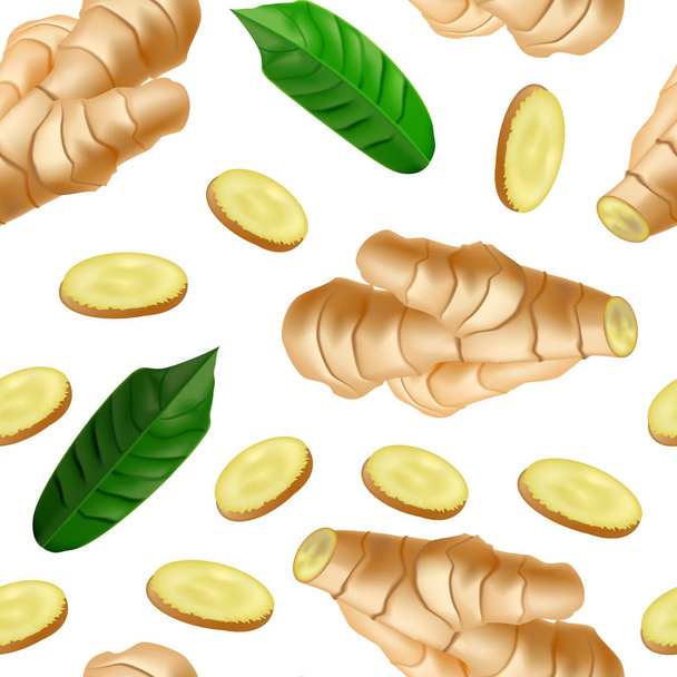 Realistic Detailed 3d Whole Ginger Root and Slices Seamless Pattern Background. Vector - ベクター画像
