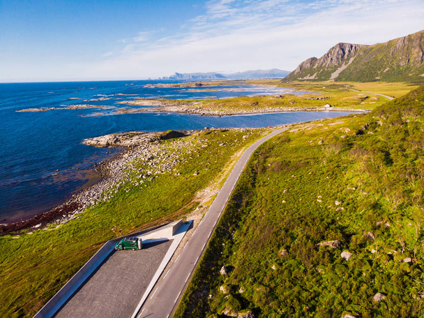 Camper car on rest stop location. Andoya island seascape, rocky coastline from Bukkekjerka viewing point. Vesteralen archipelago, Norway. Aerial view - Photo, image
