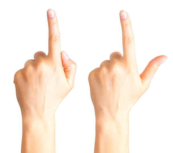Conjunto de mãos de mulher com o dedo indicador apontando para cima
 - Foto, Imagem
