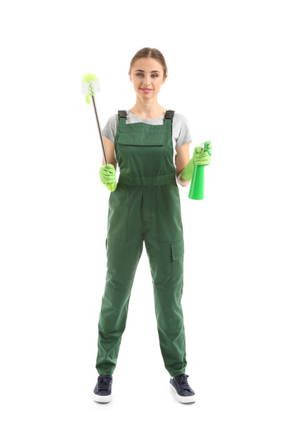 Woman with cleaning supplies on white background - Foto, Imagen