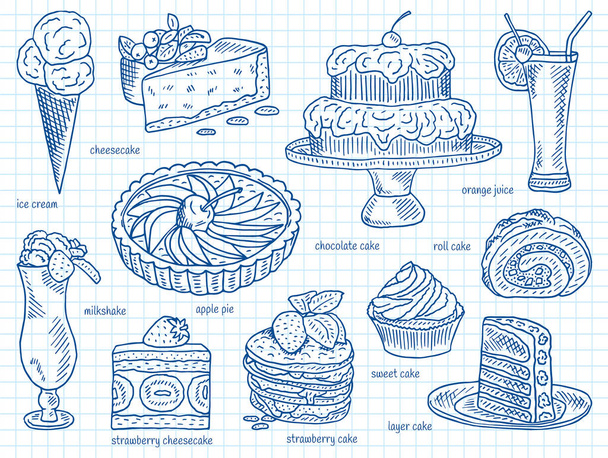 ice cream, apple pie, chocolate, layer, roll, strawberry cake, orange juice, cheesecake, milkshake, sweets, dessert menu - Vector, Image