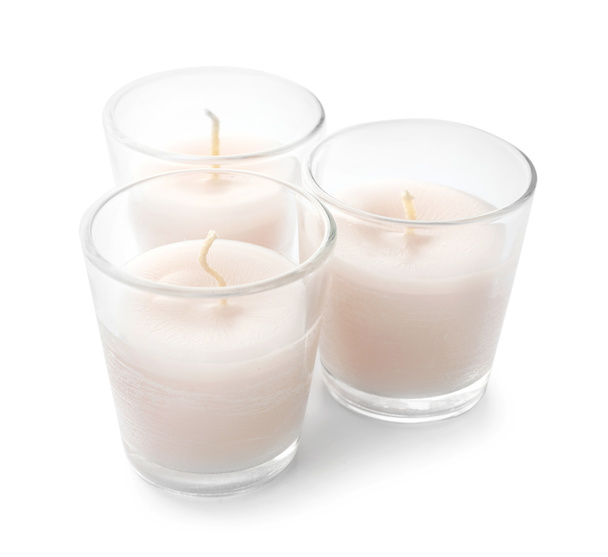 Candles in glasses on white background - Photo, Image