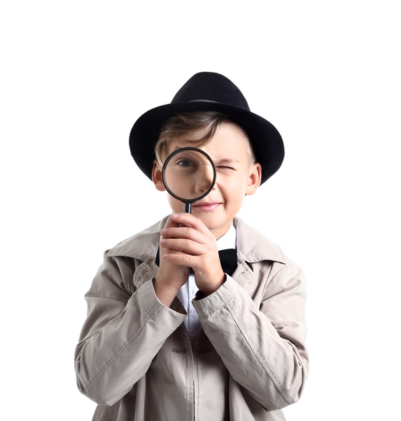 Cute little detective with magnifying glass on white background - Foto, immagini