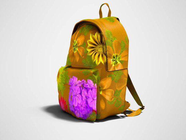 Yellow school backpack with flowers front view 3d render on gray background with shadow - Photo, Image