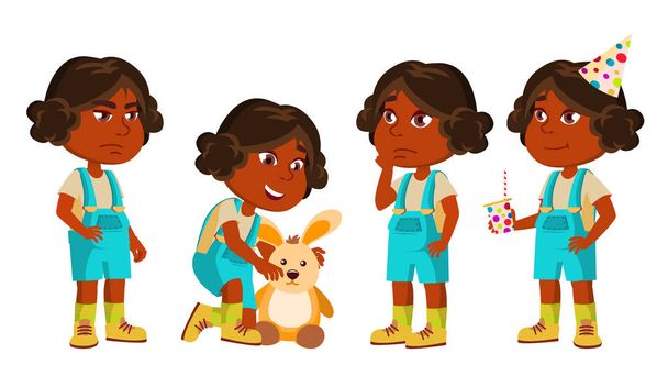 Indian Girl Kindergarten Kid Poses Set Vector. Hindú. Jugando con Hare Toy. Activo, Joy Preescolar. Para presentación, impresión, diseño de invitación. Ilustración de dibujos animados aislados
 - Vector, imagen