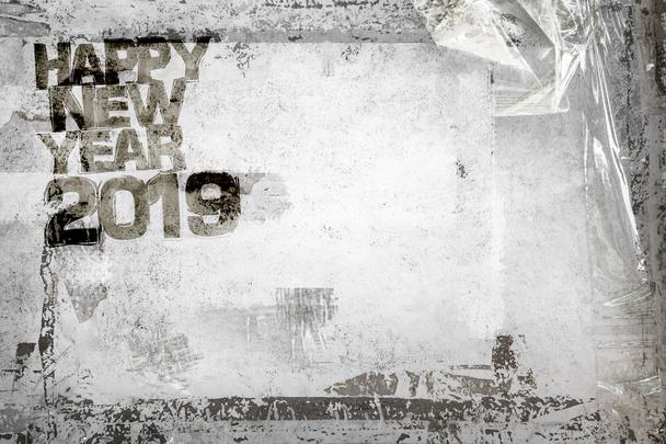 2019 Hyvää uutta vuotta grunge tausta grungy runko ja jäänteitä teippiä ja sellofaania. Täysin muokattavissa. Ihanteellinen käyttää osapuolille kutsu, illallinen kutsu, grungy tapahtumia ja enemmän
. - Valokuva, kuva
