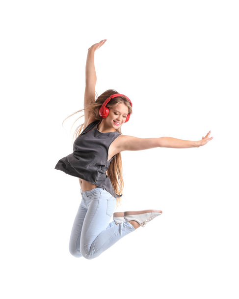 Jumping female dancer on white background - Fotoğraf, Görsel