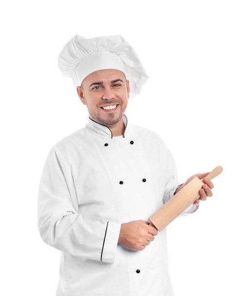 Chef masculin avec rouleau à pâtisserie sur fond blanc
 - Photo, image