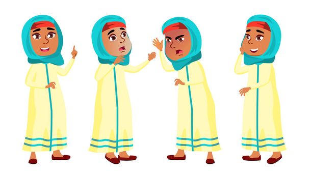 Arab, muszlim lány jelent meg vektor. Általános iskolás gyerek. Oktatás, nevelés, Schoolkid. Bemutató, nyomtatás, Design meghívás. Elszigetelt rajzfilm illusztráció - Vektor, kép