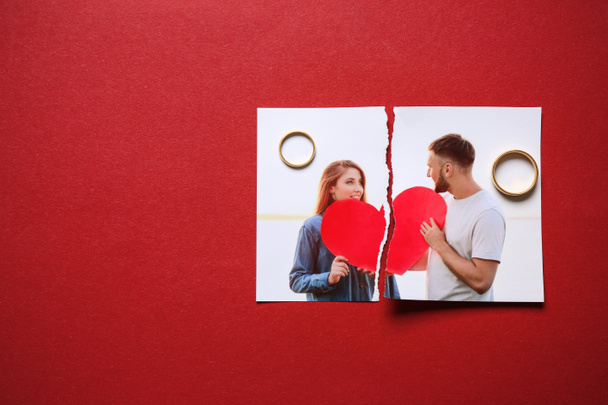Torn photo of happy couple with rings on color background. Concept of divorce - Photo, Image