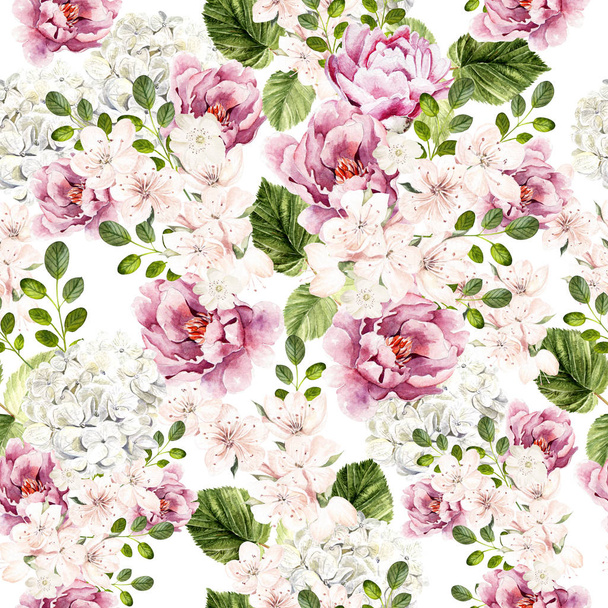 Beautiful watercolor bright pattern with peony, hudrangea and spring  flowers. - Photo, Image