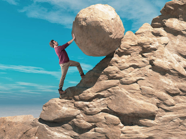 L'homme poussant une grosse sphère de pierre au sommet de la montagne. Concept de réussite
. - Photo, image