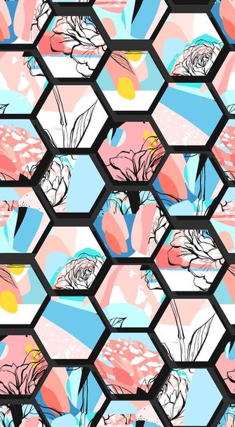 Hand getekende vector artistieke universele getextureerde abstracte compositie naadloze patroon met hexagon vormen, handgemaakte texturen en bloemen motief in pastel kleuren geïsoleerd op zwarte achtergrond - Vector, afbeelding