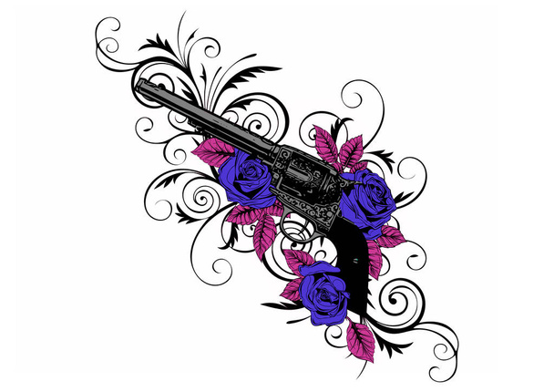 Pair of crossed guns and rose flowers drawn in tattoo style. illustration. - Photo, Image