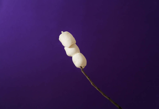 Ramo de árvore com marshmallows saborosos em fundo de cor
 - Foto, Imagem