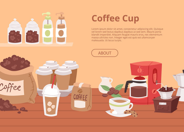 Coffee house concept banner, flyer vector illustration with cartoon cappuccino, latte cups, seeds arabica, cinnamon milk, coffee pot, cookies, anise and sugar for coffee shop. - Vetor, Imagem