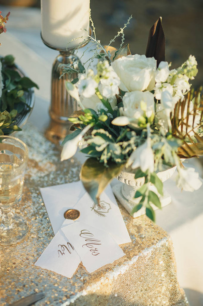 Wedding card design. Postal card design. Sealing wax stamp. Golden background. - Foto, imagen