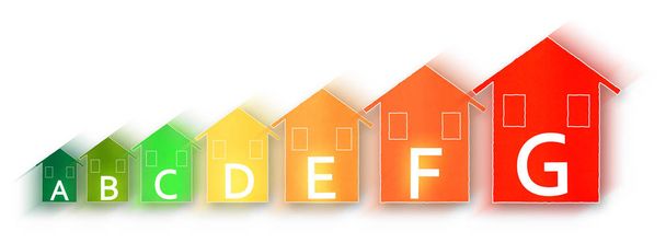Energie-efficiëntie - Concept afbeelding met gekleurde huizen geïsoleerd op witte achtergrond - Foto, afbeelding