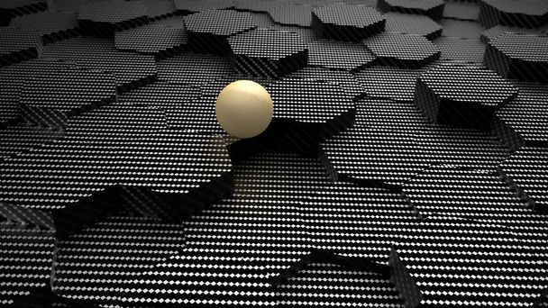 Ilustración 3D de un fondo de muchos hexágonos negros y bola azul, esfera. La idea de negocio, riqueza y prosperidad, un complejo sistema bancario y económico. Representación 3D, abstracción
. - Foto, Imagen