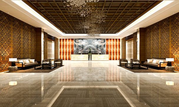 3D render kínai stílusú hotel recepción lobbi - Fotó, kép