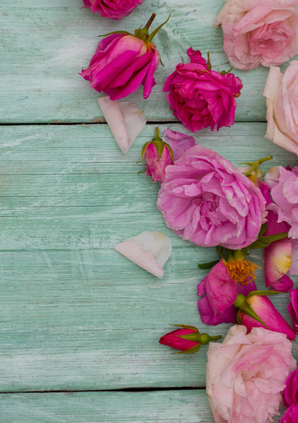 όμορφα τριαντάφυλλα στον κήπο σε τυρκουάζ ξύλινη επιφάνεια - Φωτογραφία, εικόνα