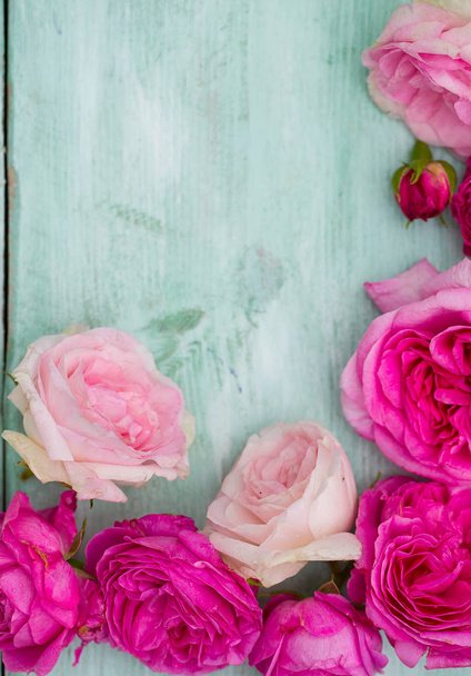 beautiful garden roses on turquoise wooden surface - Photo, Image