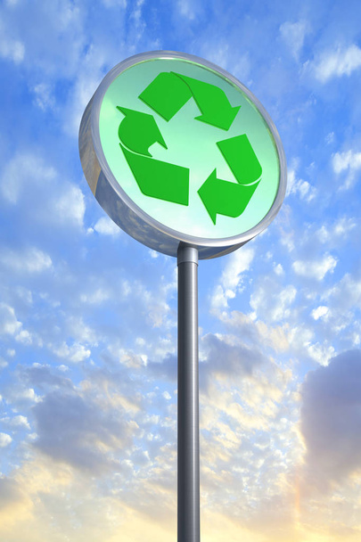 τρισδιάστατη απεικόνιση του σύμβολο ανακύκλωσης ενάντια στον ουρανό - Φωτογραφία, εικόνα