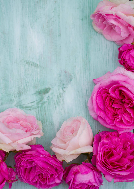beautiful garden roses on turquoise wooden surface - 写真・画像